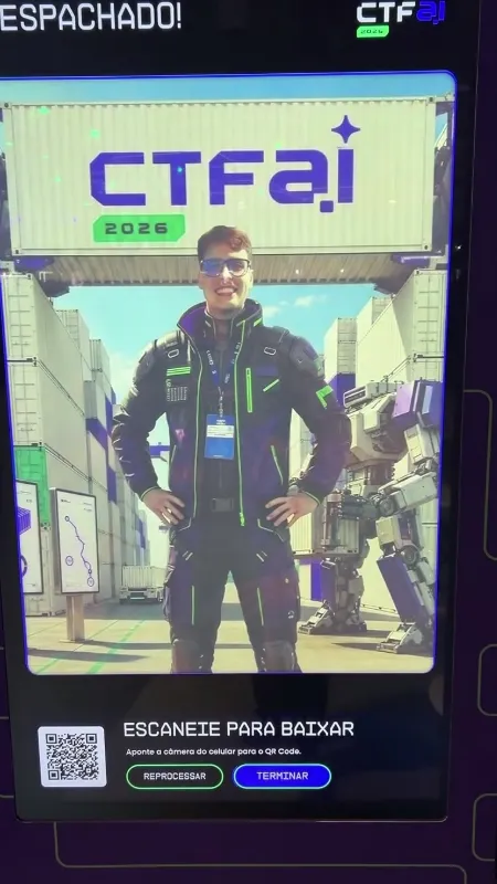 Impressão do photobooth com IA: visitante num cenário portuário, com a moldura da CTF AI 2026