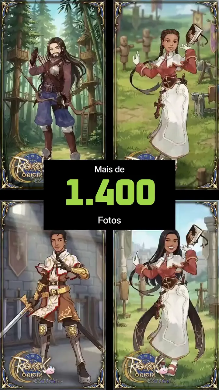 Quatro visitantes transformados em personagens do jogo, cada um com sua classe e seu cenário
