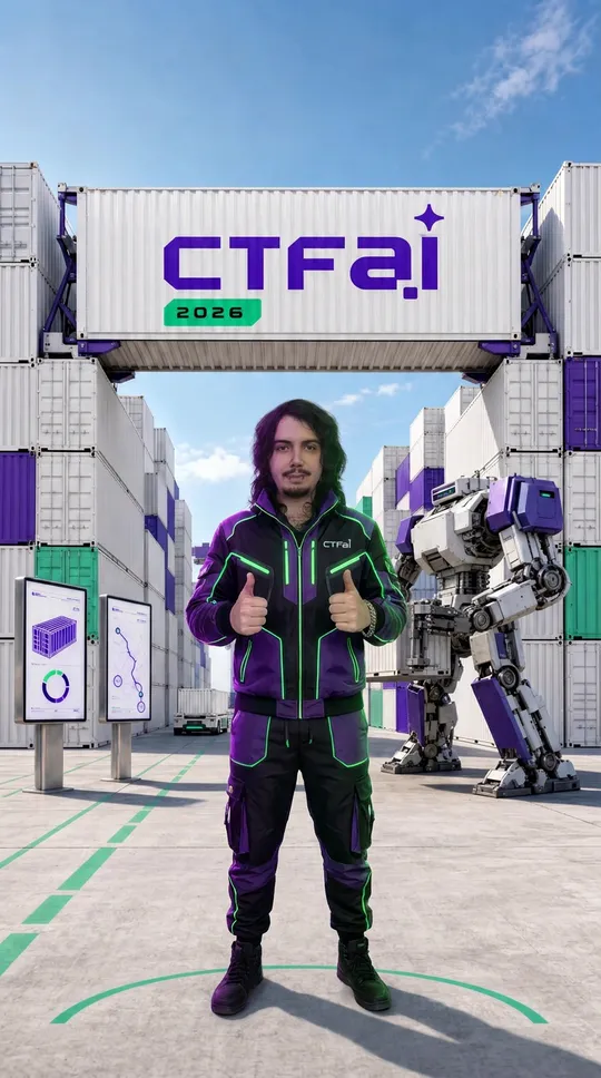 Participante transformado por IA em personagem futurista diante de contêineres da CTF.ai 2026