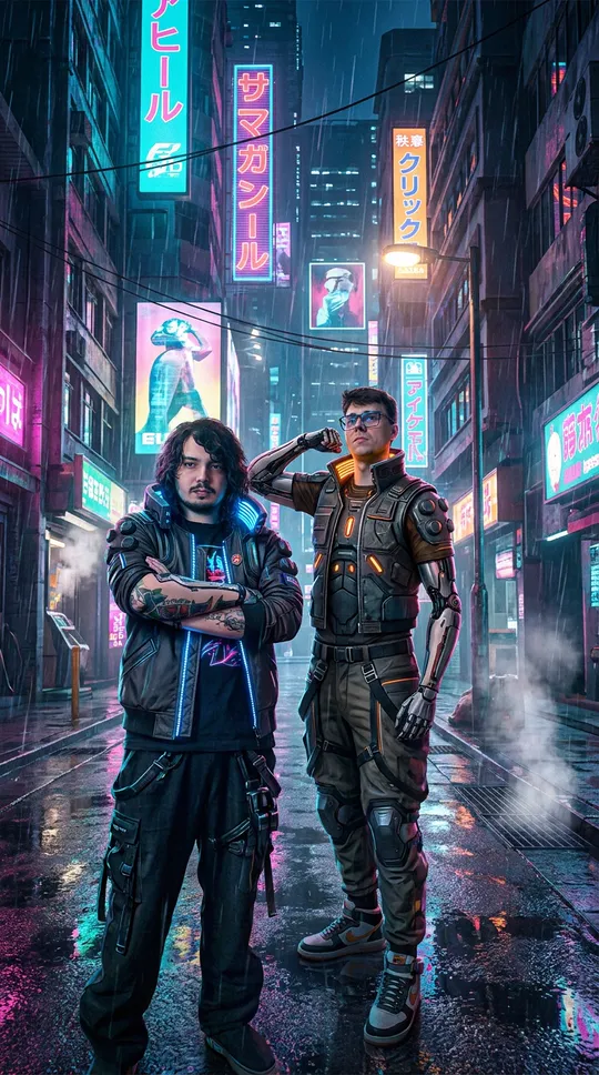 Dois participantes transformados por IA em personagens cyberpunk numa rua neon