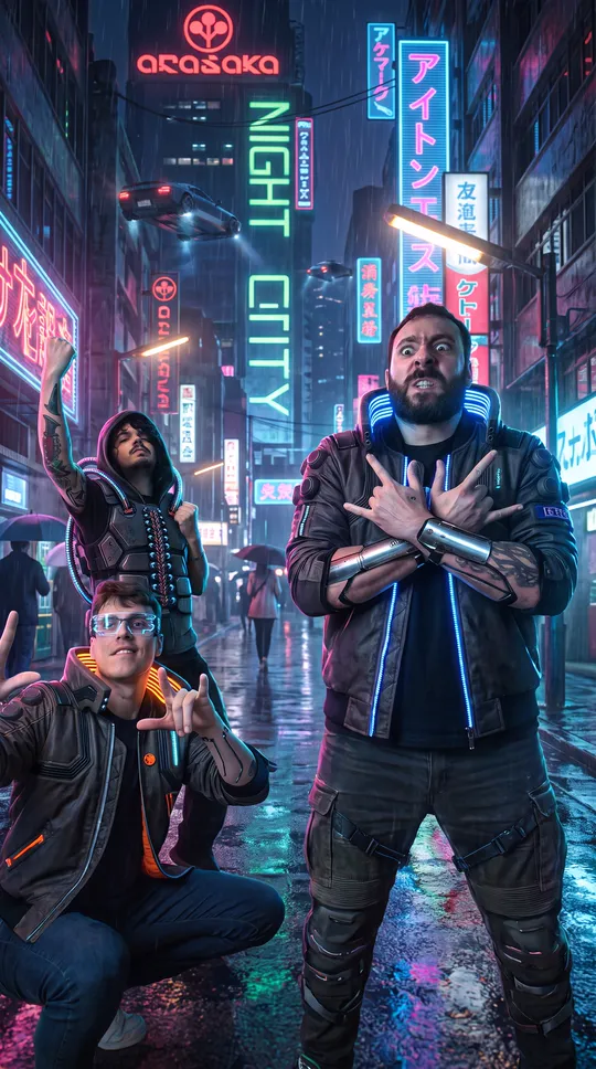 Grupo de participantes transformados por IA em personagens cyberpunk numa cidade noturna